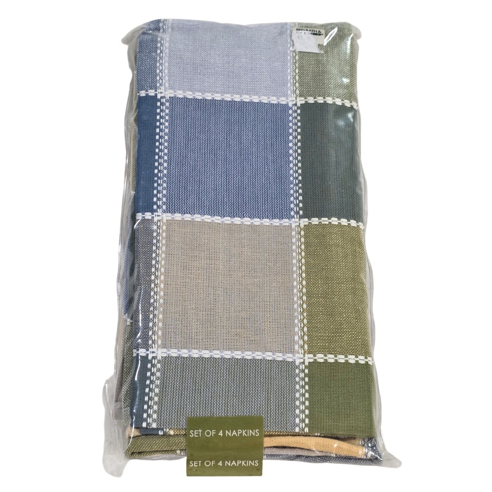 Bed Bath & Beyond Patchwork Plaid Napkin Set of 4 Green Blue Tan Woven Cloth VTG